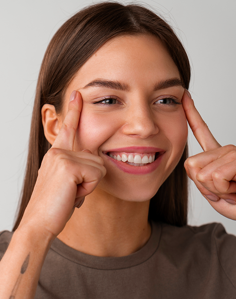 Mulher feliz a apontar para o rosto, a demonstrar os resultados de uma harmonização facial bem-sucedida.