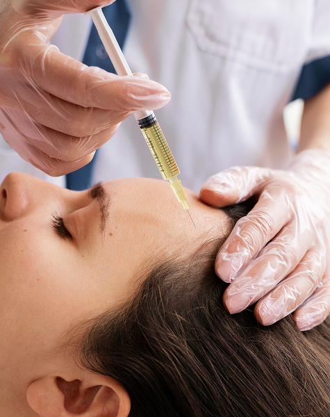 Especialista a administrar uma injeção no couro cabeludo de uma paciente durante um tratamento de mesoterapia capilar.